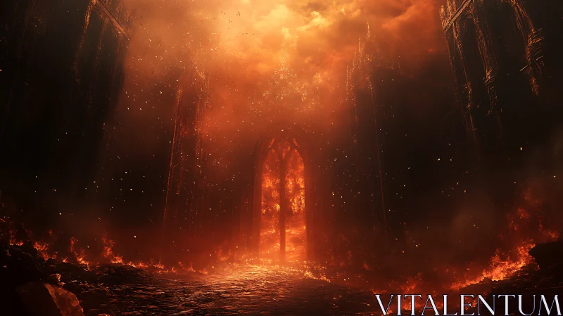 Gothic Cathedral Consumed by Infernal Flames and Ash Particles