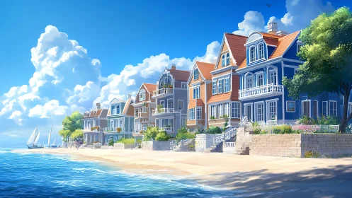 Sunlit seaside townhouses glow under towering summer clouds