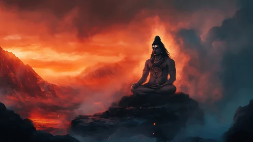 Meditating deity figure amid fiery mountains at dusk.