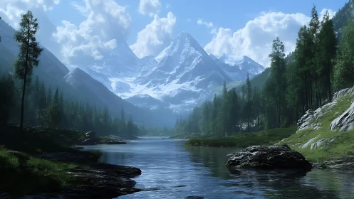 Snowcapped mountain rises over tranquil forest river valley