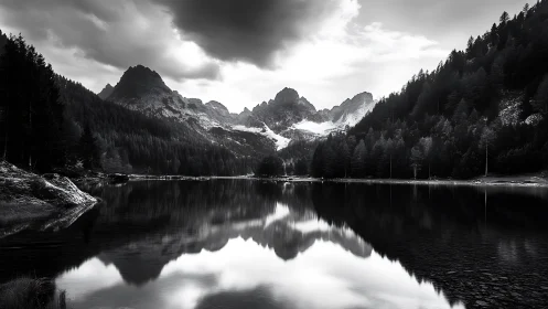 Mountain lake reflects forested slopes under heavy clouds