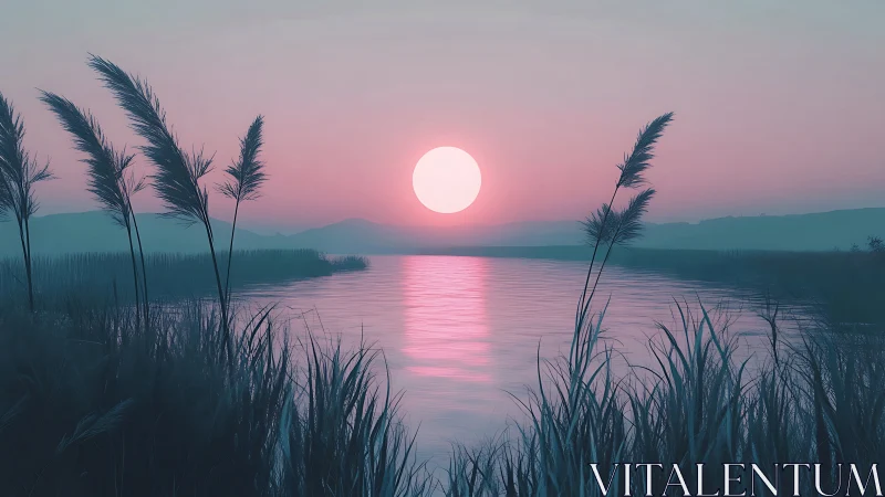 Cotton-candy sunset over whispering lakeside reeds.