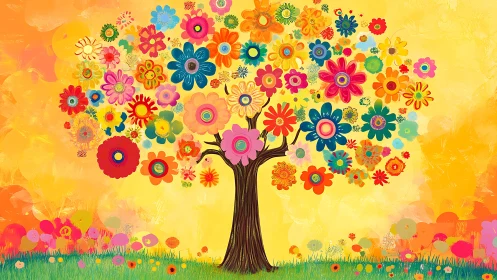 Composite Tree Structure with Radial Flower Canopy and Chromatic Saturation