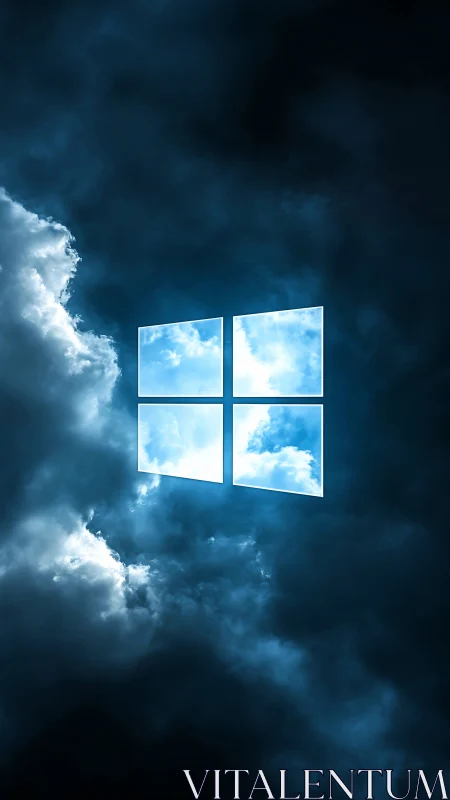 Windows style sky logo in dark stormy blue clouds background.
