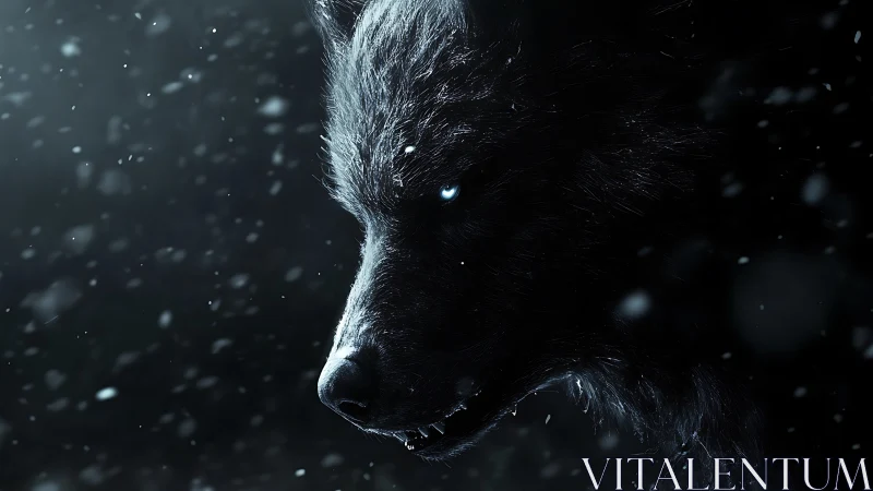 Moonlit black wolf gazes ahead through swirling winter snow