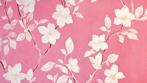 Blush-pink wall blooming with drifting white florals.