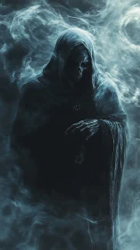 Shadowed Reaper drifting through whispering blue mist.