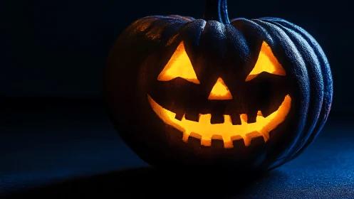 Glowing jack o’ lantern smiles warmly in the Halloween dark