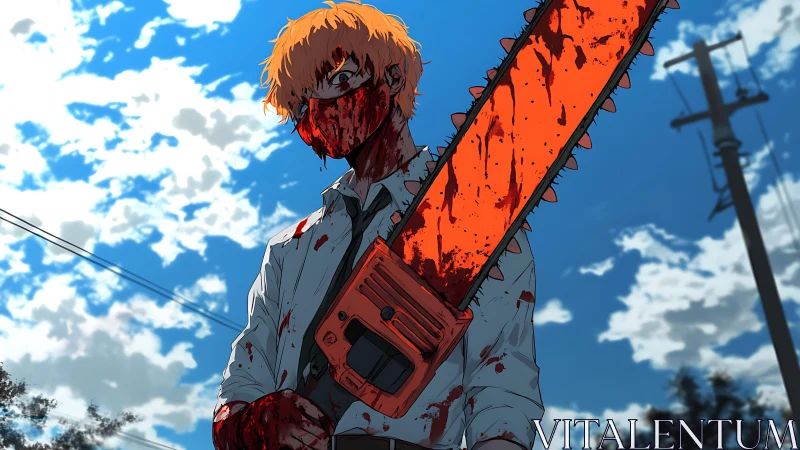 Dynamic low-angle anime illustration of bloodied chainsaw warrior.