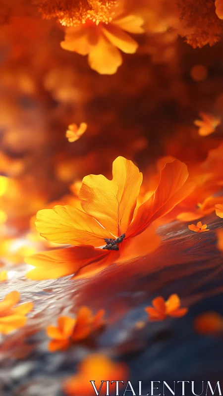 Luminous orange flower drifts over softly rippled water