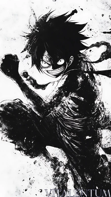 Monochrome ink anime fighter in dynamic combat stance.