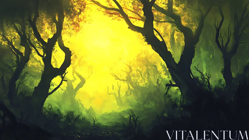 Luminous Forest Pathway Through Ancient Trees.