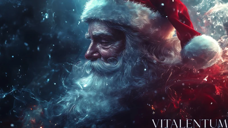 Cinematic profile portrait of Santa Claus in luminous frost glow.