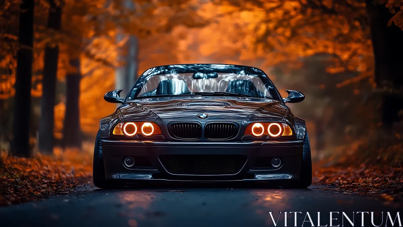 Black BMW coupe parked on forest road in autumn light.