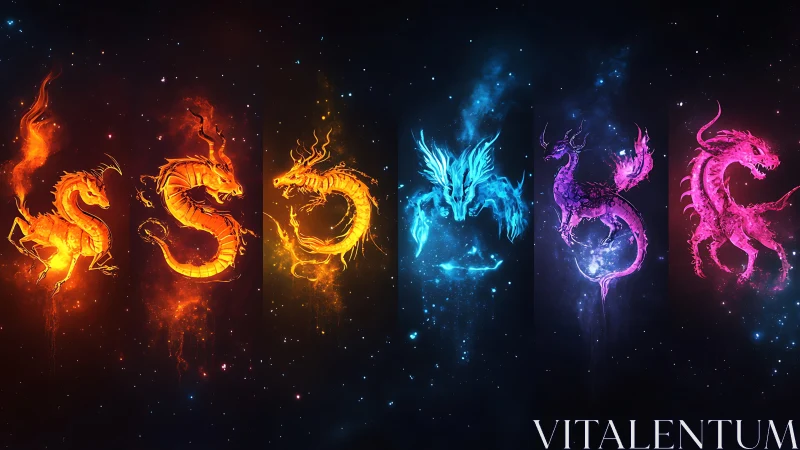 Elemental dragon spirits glow across deep cosmic void