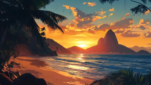 Tropical coastline at sunset with city and granite peaks.