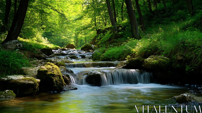 Shallow forest stream flowing over rocks under dense canopy.