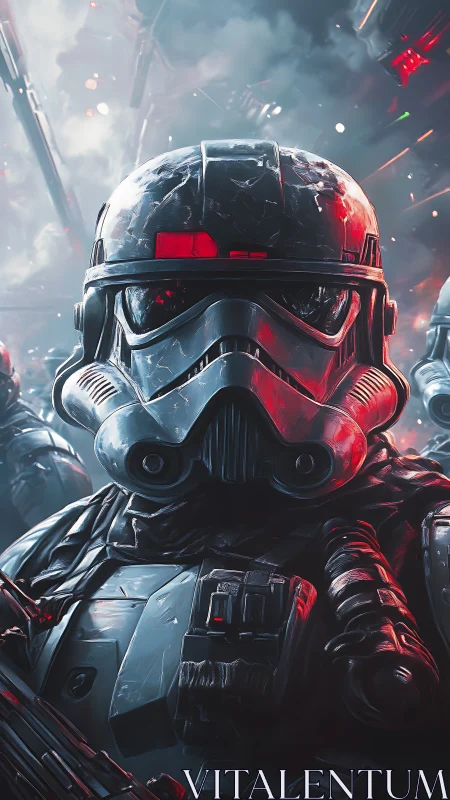 Armored sci-fi trooper portrait in red-lit battle haze.
