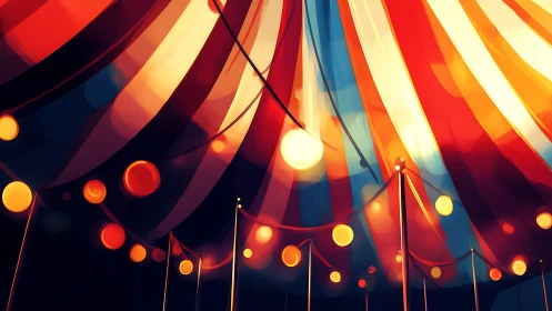 Colorful circus tent ceiling with glowing festival lights.