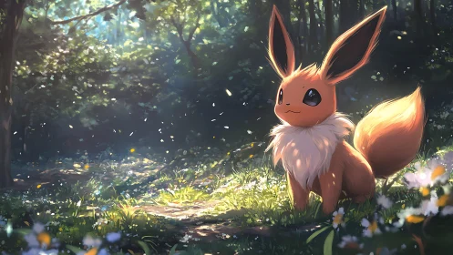 Eevee under volumetric forest light with soft atmospheric bloom.