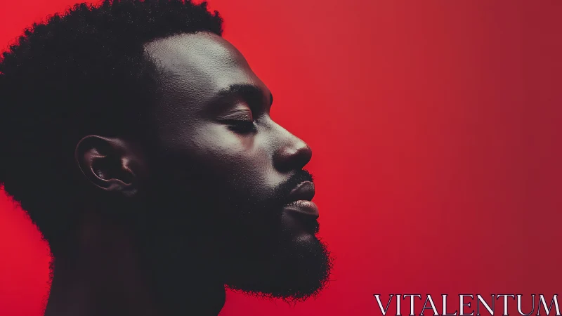 Side-lit male profile on saturated red negative space field.