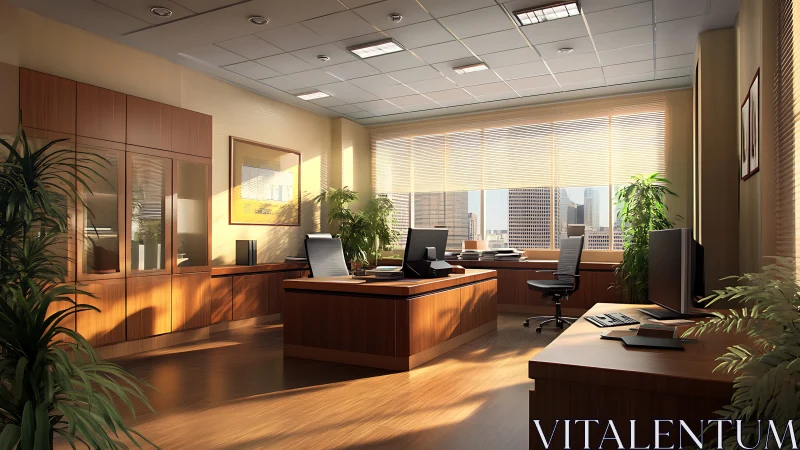 Modern executive office with wood furniture and city view.