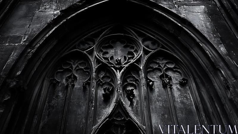 Gothic stone archway in moody monochrome photographic detail.