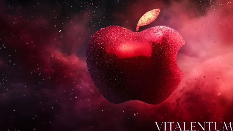 Red bitten apple emblem in floating particle cloud backdrop.