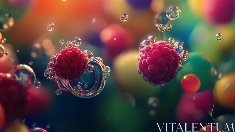 Sparkling raspberries drifting through rainbow bubbles.