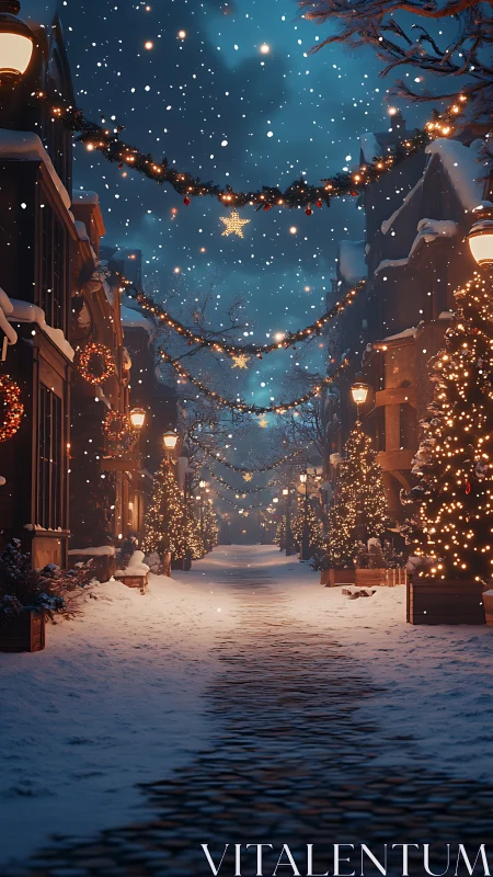 Snow-laden street illuminated by dense warm-tone festive lighting