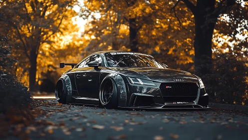 Modified Audi TT RS parked low on forest road in autumn