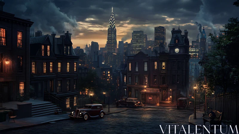 Twilight cobblestones cradle a dreaming art deco skyline