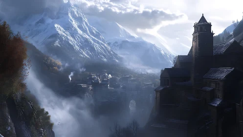 Medieval stone town sits in misty snowy mountain valley