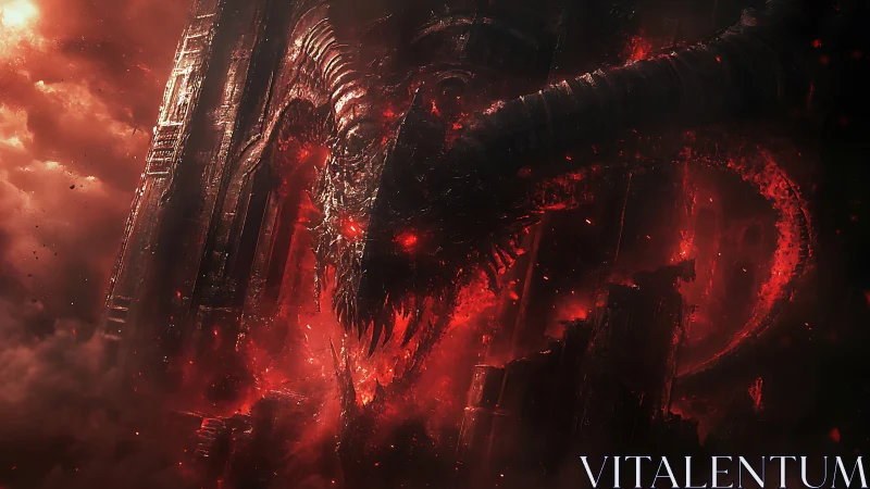 Demonic dragon erupts from molten hell fortress in storming fire