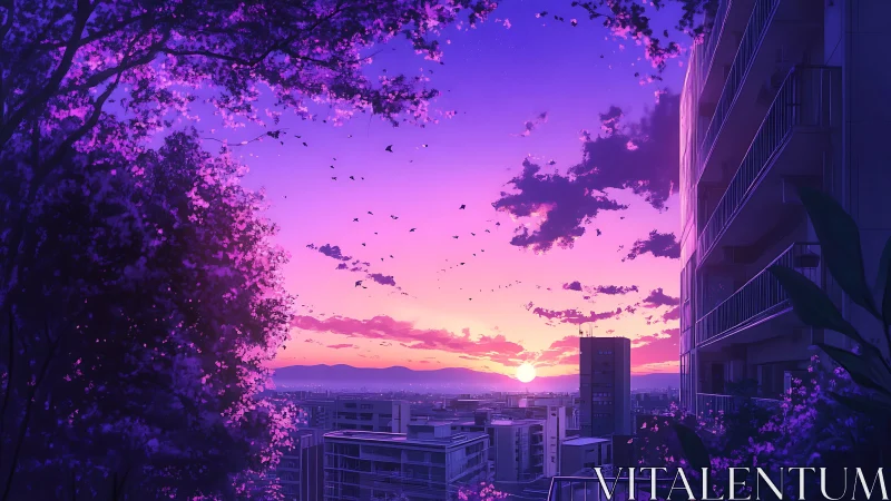 Violet city sunset glows beyond quiet apartment balconies.