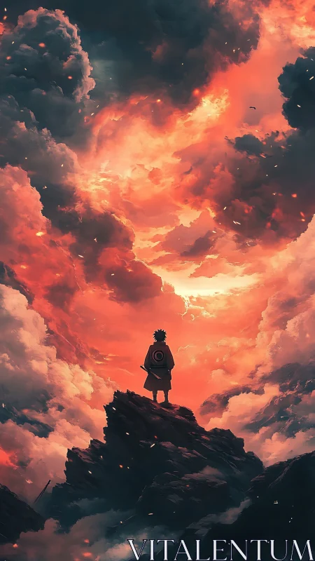 Lone cloaked warrior contemplates a burning celestial sky.