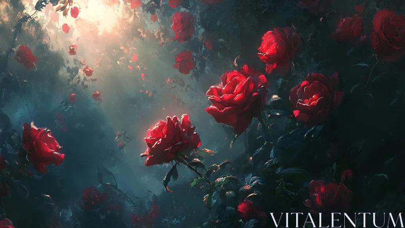 Red Roses Suspended in Ethereal Mist and Golden Light