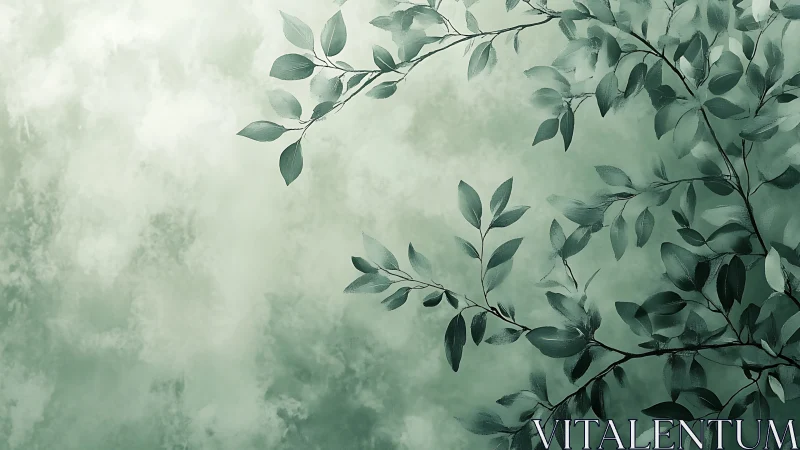 Soft jade foliage branches over misted sky backdrop.