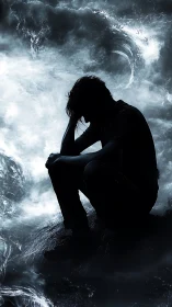 Silhouetted figure sits alone against stormlike swirling waves