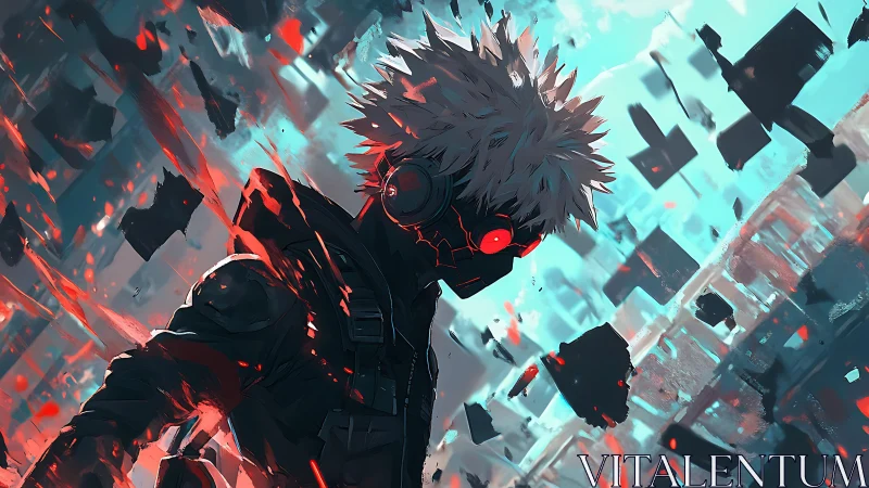 Cybernetic warrior walks through falling neon ruins in rage