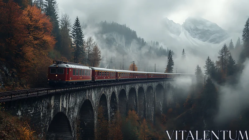 Red mountain train crosses misty stone viaduct in autumn fog