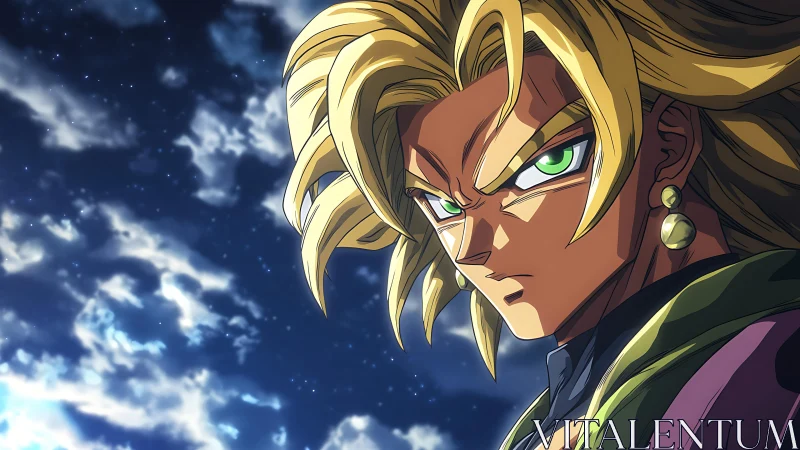 Battle-ready anime warrior under luminous night sky.