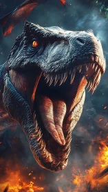 Roaring T-Rex dominates fiery battlefield with brutal power.
