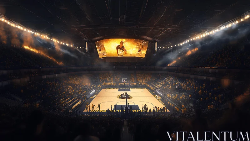 Immersive basketball arena interior under cinematic spotlights.