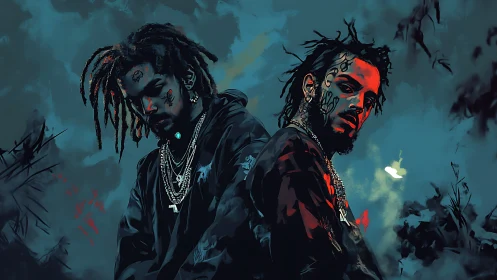 Moody urban duo with tattoos in teal and crimson haze