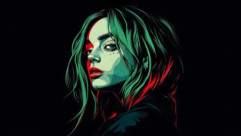 Neon-lit female portrait cuts through deep black background