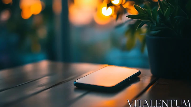 Smartphone Illuminated by Golden Hour Light on Wooden Surface.