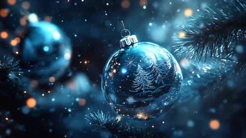 Macro close-up of frosted blue glass Christmas bauble in snow