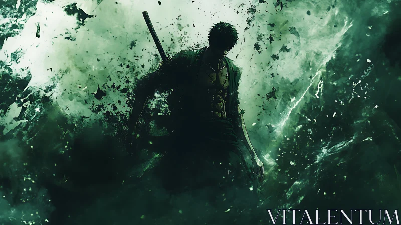 Sword wielder stands in dark green swirling energy storm.