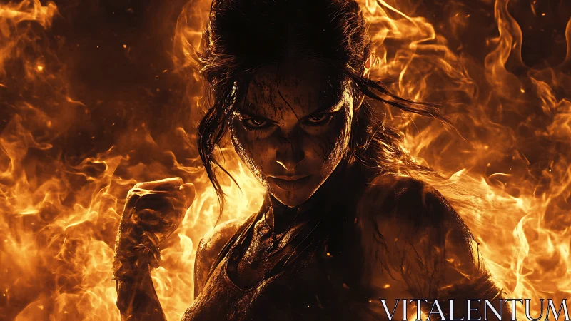 Warrior engulfed in blazing inferno, defiant and unbroken.